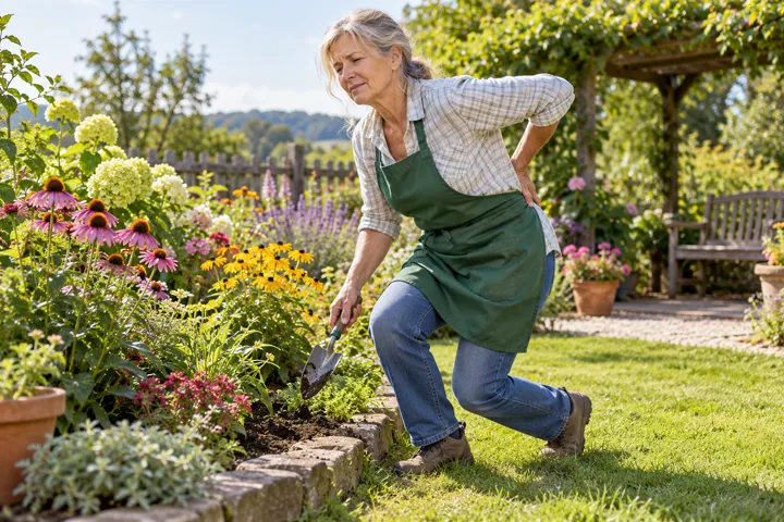 Frau steht nach der Gartenarbeit langsam vom Blumenbeet auf und stützt sich mit einer Hand am schmerzenden Kreuz ab