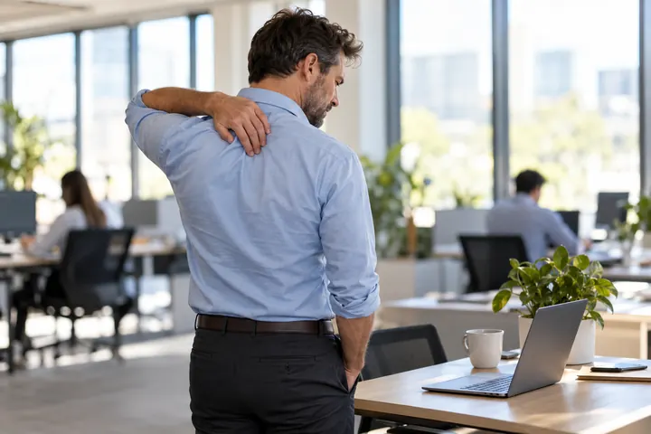 Mann fasst sich im Büro mit der Hand an den oberen Rücken zwischen den Schulterblättern